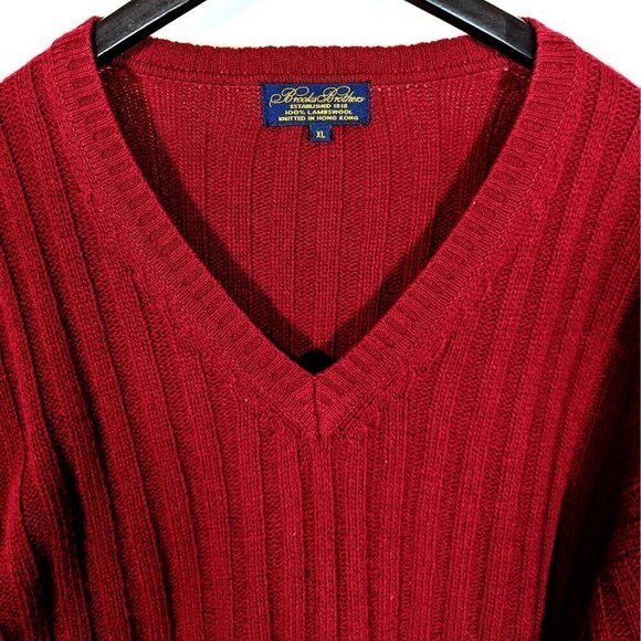 Men's XL Brooks Brothers 100% Lambswool V-Neck Ribbed Knit Sweater Crimson Red - Picture 2 of 6